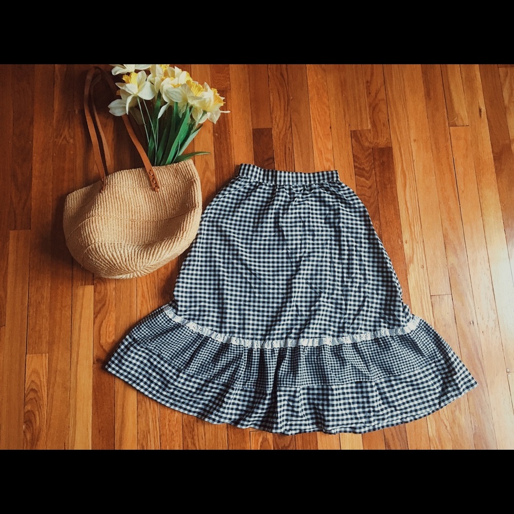 Vintage Gingham Black and White Checkered Mid-Length Skirt